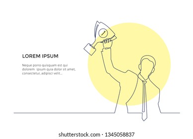 Continuous line Drawing. someone is holding a trophy, Businessman Concept Winner Success. vector illustration on white background. - Vector