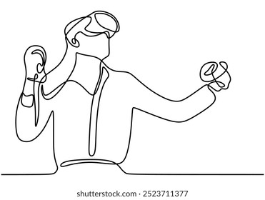 Continuous line drawing of someone immersed in virtual reality gameplay. Highlights the innovation and engagement of modern gaming in a stylish format.