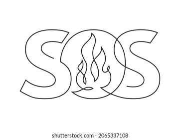 Continuous line drawing of SOS text with the flame in the middle. Vector SOS lettering on white background. SOS distress signal. Vector illustration.