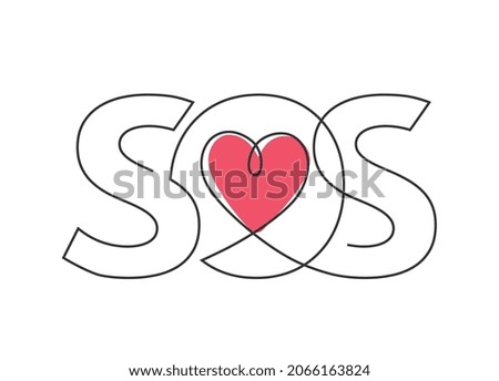 Continuous line drawing of SOS text with the heart in the middle. Vector SOS lettering on white background. SOS distress signal. Vector illustration.