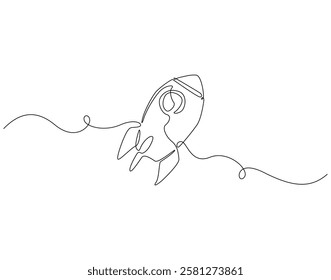 Continuous line drawing of spaceship flying. Single line illustration of rocket spaceship launch. Space transportation animal concept. Editable outline