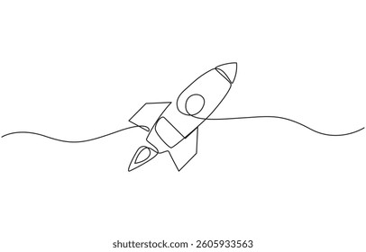 Continuous line drawing of spaceship flying. Single line illustration of rocket spaceship launch, Single line rocket drawing spacecraft launch, startup, innovation.