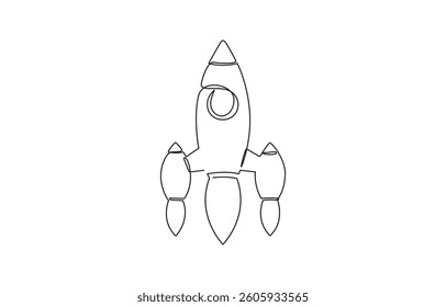 Continuous line drawing of spaceship flying. Single line illustration of rocket spaceship launch, Single line rocket drawing spacecraft launch, startup, innovation.