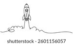 Continuous Line Drawing of Spaceship Icon. Hand Drawn Symbol Vector Illustration, Single continuous line drawing rocket. Startup concept, Rocket, spaceship drawn in continuous line in minimalism style