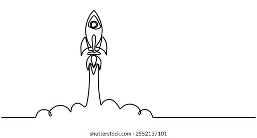 Continuous Line Drawing of Spaceship Icon. Hand Drawn Symbol Vector Illustration, one line drawing flying rocket spaceship vector illustration template design, One continuous line drawing of spacecraf