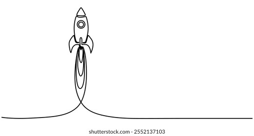 Kontinuierliche Linienzeichnung des Raumschiff-Symbols. Handgezeichnetes Symbol Vektorgrafik, einzeilige Zeichnung fliegendes Raketenraumschiff, Vektorgrafik-Schablonendesign, eine durchgehende Linienzeichnung des Raumfahrzeugs