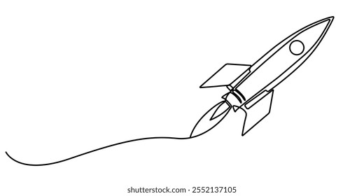 Kontinuierliche Linienzeichnung des Raumschiff-Symbols. Handgezeichnetes Symbol Vektorgrafik, einzeilige Zeichnung fliegendes Raketenraumschiff, Vektorgrafik-Schablonendesign, eine durchgehende Linienzeichnung des Raumfahrzeugs