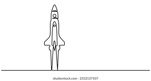 Kontinuierliche Linienzeichnung des Raumschiff-Symbols. Handgezeichnetes Symbol Vektorgrafik, einzeilige Zeichnung fliegendes Raketenraumschiff, Vektorgrafik-Schablonendesign, eine durchgehende Linienzeichnung des Raumfahrzeugs