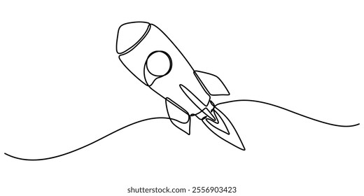 Continuous Line Drawing of Spaceship Icon. Hand Drawn Symbol Vector Illustration, Continuous one line drawing of rocket ship launch. One line drawing illustration of rocket. Space ship concept.