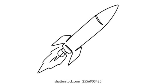 Continuous Line Drawing of Spaceship Icon. Hand Drawn Symbol Vector Illustration, Continuous one line drawing of rocket ship launch. One line drawing illustration of rocket. Space ship concept.