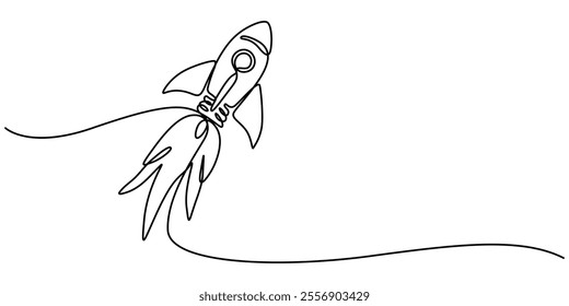Continuous Line Drawing of Spaceship Icon. Hand Drawn Symbol Vector Illustration, Continuous one line drawing of rocket ship launch. One line drawing illustration of rocket. Space ship concept.