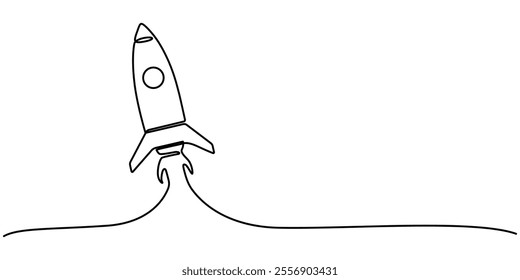 Continuous Line Drawing of Spaceship Icon. Hand Drawn Symbol Vector Illustration, Continuous one line drawing of rocket ship launch. One line drawing illustration of rocket. Space ship concept.