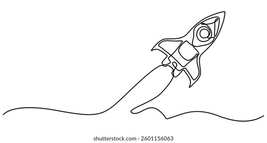 Continuous Line Drawing of Spaceship Icon. Hand Drawn Symbol Vector Illustration, Single continuous line drawing rocket. Startup concept, Rocket, spaceship drawn in continuous line in minimalism style