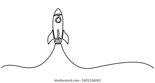 Continuous Line Drawing of Spaceship Icon. Hand Drawn Symbol Vector Illustration, Single continuous line drawing rocket. Startup concept, Rocket, spaceship drawn in continuous line in minimalism style