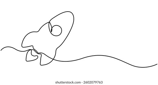 Continuous Line Drawing of Spaceship Icon. Hand Drawn Symbol Vector Illustration, one line drawing flying rocket spaceship vector illustration template design, One continuous line drawing.