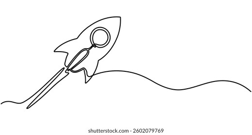 Continuous Line Drawing of Spaceship Icon. Hand Drawn Symbol Vector Illustration, one line drawing flying rocket spaceship vector illustration template design, One continuous line drawing.