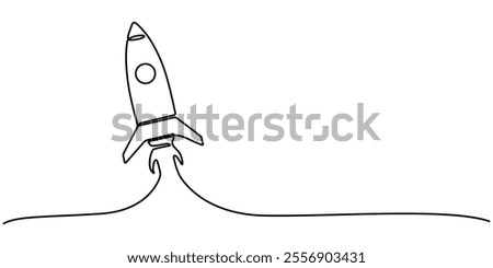Continuous Line Drawing of Spaceship Icon. Hand Drawn Symbol Vector Illustration, Continuous one line drawing of rocket ship launch. One line drawing illustration of rocket. Space ship concept.
