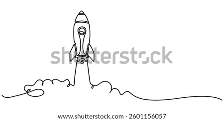 Continuous Line Drawing of Spaceship Icon. Hand Drawn Symbol Vector Illustration, Single continuous line drawing rocket. Startup concept, Rocket, spaceship drawn in continuous line in minimalism style