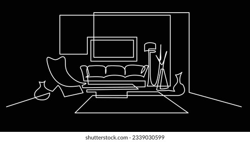 continuous line drawing of spacious living room area with furniture