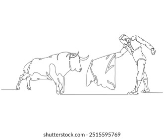 Continuous line drawing of spanish matador. Single line illustration of Bullfighter, Torero, Bull. International matador concept. Editable outline