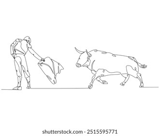 Continuous line drawing of spanish matador. Single line illustration of Bullfighter, Torero, Bull. International matador concept. Editable outline