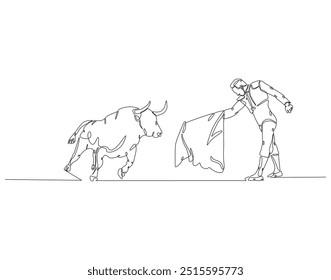 Continuous line drawing of spanish matador. Single line illustration of Bullfighter, Torero, Bull. International matador concept. Editable outline