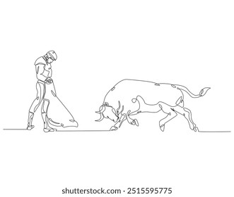 Continuous line drawing of spanish matador. Single line illustration of Bullfighter, Torero, Bull. International matador concept. Editable outline