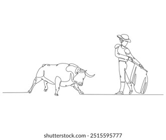 Continuous line drawing of spanish matador. Single line illustration of Bullfighter, Torero, Bull. International matador concept. Editable outline