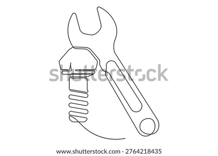 Continuous line drawing of spanner tool and metal bolt isolated on white