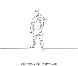 Continuous line drawing of sparta soldier. Single line illustration of greek warrior with armor protection. Ancient war concept. Editable outline
