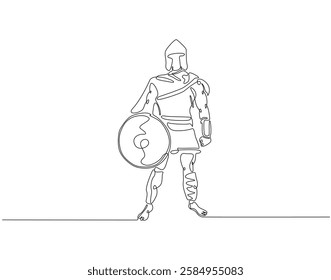 Continuous line drawing of sparta soldier. Single line illustration of greek warrior with armor protection. Ancient war concept. Editable outline
