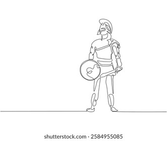 Continuous line drawing of sparta soldier. Single line illustration of greek warrior with armor protection. Ancient war concept. Editable outline
