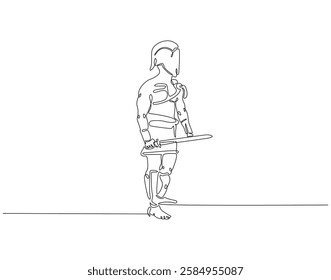 Continuous line drawing of sparta soldier. Single line illustration of greek warrior with armor protection. Ancient war concept. Editable outline
