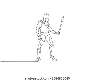 Continuous line drawing of sparta soldier. Single line illustration of greek warrior with armor protection. Ancient war concept. Editable outline
