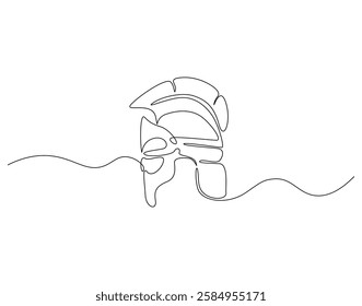 Continuous line drawing of spartan armor helmet. Single line illustration of greek warrior helmet mask. Ancient war protection concept. Editable outline