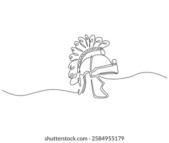 Continuous line drawing of spartan armor helmet. Single line illustration of greek warrior helmet mask. Ancient war protection concept. Editable outline