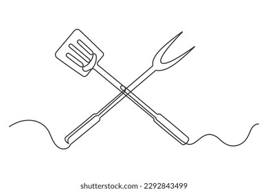 Continuous line drawing spatula and fork isolated on white background. BBQ concept. Vector illustration