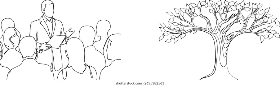 Un dibujo de línea continua de un orador que se presenta a una audiencia cerca de un árbol