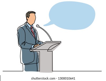 continuous line drawing of speaker talking before microphone