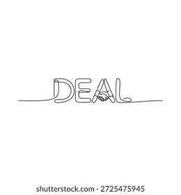 A continuous line drawing spells deal with a handshake illustration