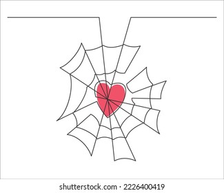 Continuous line drawing of spider web with heart. Vector illustration.