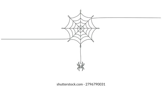 Continuous line drawing of spider web with hanging spider