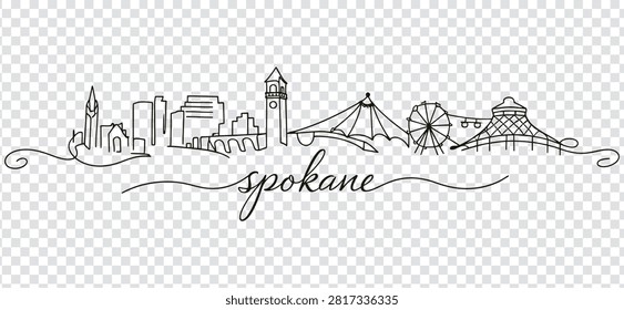 Continuous line drawing of the Spokane, Washington skyline, featuring the clock tower, ferris wheel, and iconic architecture, isolated on a white background.