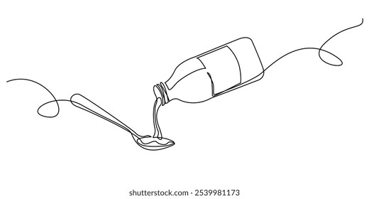 Dibujo de línea continua de cuchara y botella de jarabe de medicina. Un dibujo de línea de botella vertiendo jarabe de medicina en cuchara. Ilustración vectorial de línea única. Fondo blanco aislado