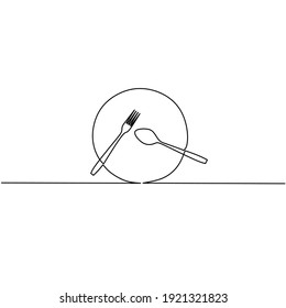 Continuous line drawing of spoon, fork and plate, object one line, simple sign icon, vector illustration