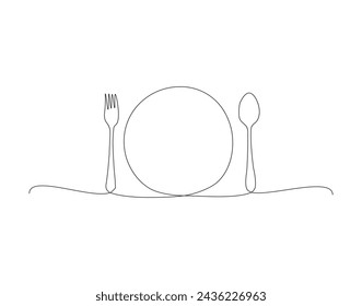 Continuous Line Drawing Of Spoon And Fork. One Line Of Spoon And Fork. Silverware Continuous Line Art. Editable Outline.
