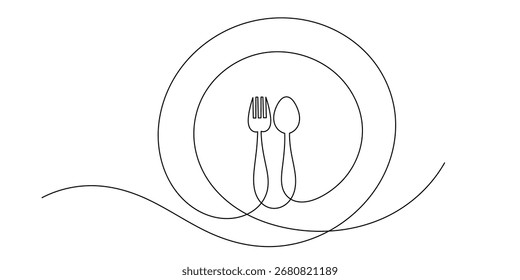 Continuous line drawing of spoon and fork, vector illustration, single line object. Continuous line illustration of spoon and fork