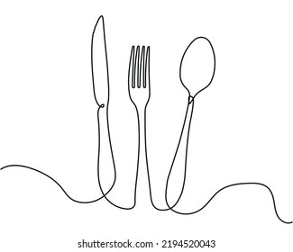 Continuous line drawing. Spoon, forks, knife, eating utensils. Kitchenware line art style for logos, business cards, banners. Minimalist black and white vector illustration.