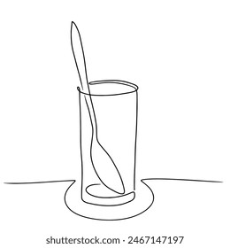 continuous line drawing of spoon in water glass isolated on transparent background. Vector illustration