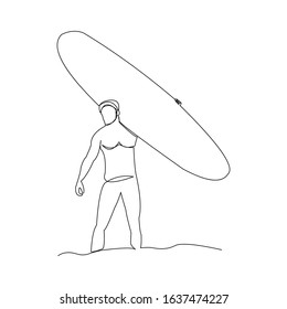 Continuous line drawing of sport man holding surfboard. Vector illustration.